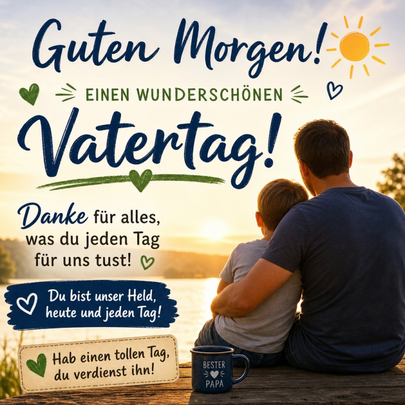 Ein Vater und Sohn sitzen am Seeufer und schauen auf den Sonnenuntergang, umgeben von warmen Farben und liebevollen Texten für einen Guten-Morgen-Gruß.