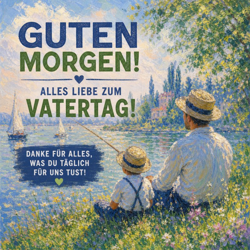 Ein Vater und Sohn mit Strohhüten sitzen im impressionistischen Stil an einem See und angeln, umgeben von blühender Natur, als Guten-Morgen-Gruß zum Vatertag.