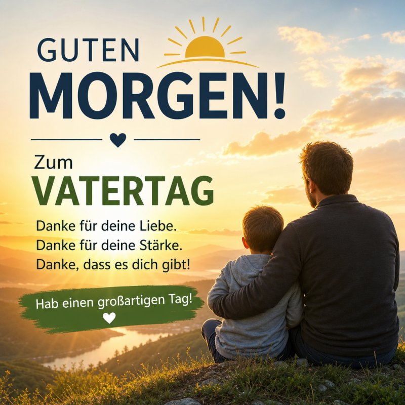 Ein Vater und Sohn sitzen in inniger Umarmung auf einem Hügel und blicken beim Sonnenaufgang auf ein Tal, begleitet von einem Guten-Morgen-Gruß zum Vatertag.