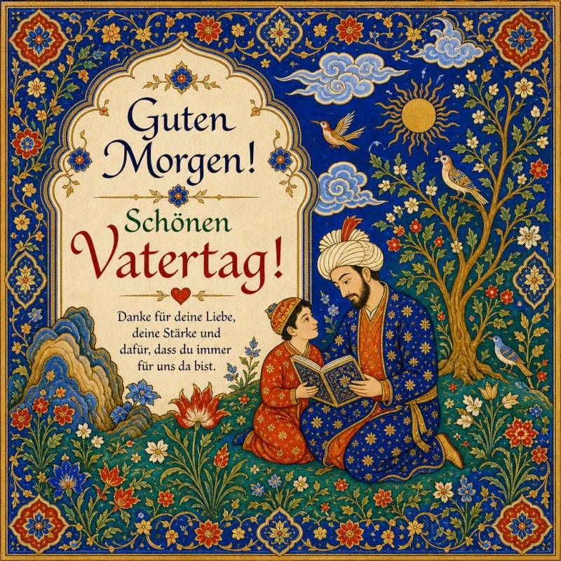 Ein Vater und Sohn in traditioneller Kleidung lesen gemeinsam im Garten, umgeben von Blumen und Vögeln, als liebevoller Guten-Morgen-Gruß zum Vatertag.