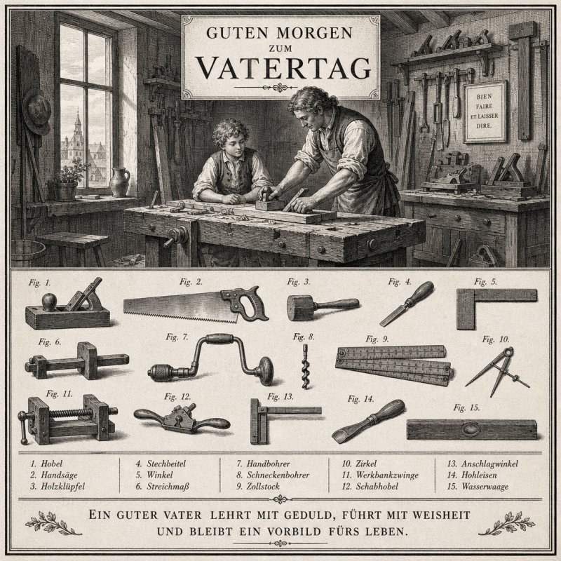 Ein traditionelles Bild zeigt Vater und Sohn in einer Werkstatt bei der Holzarbeit und vermittelt einen liebevollen Guten-Morgen-Gruß zum Vatertag.