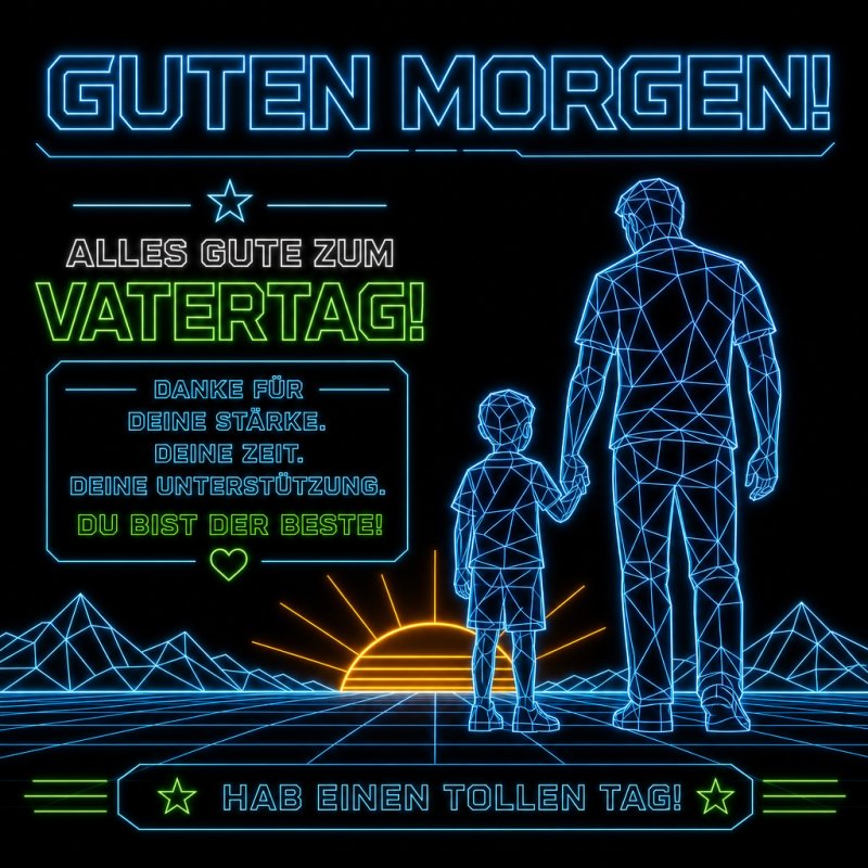 Ein Vater und Sohn im Neonstil halten sich vor einem Berg- und Sonnenuntergang Hintergrund an den Händen, passend für einen Guten-Morgen-Gruß zum Vatertag.