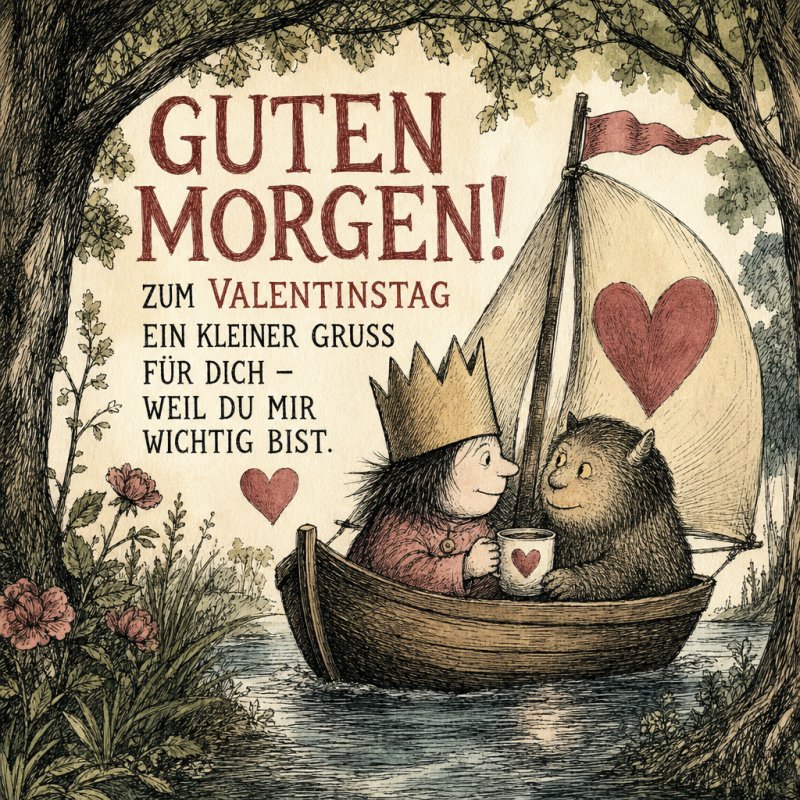Ein illustriertes Bild zeigt zwei Märchenfiguren in einem Boot mit Herzsegel, die gemeinsam einen Kaffee trinken, begleitet von einem Guten-Morgen-Gruß.