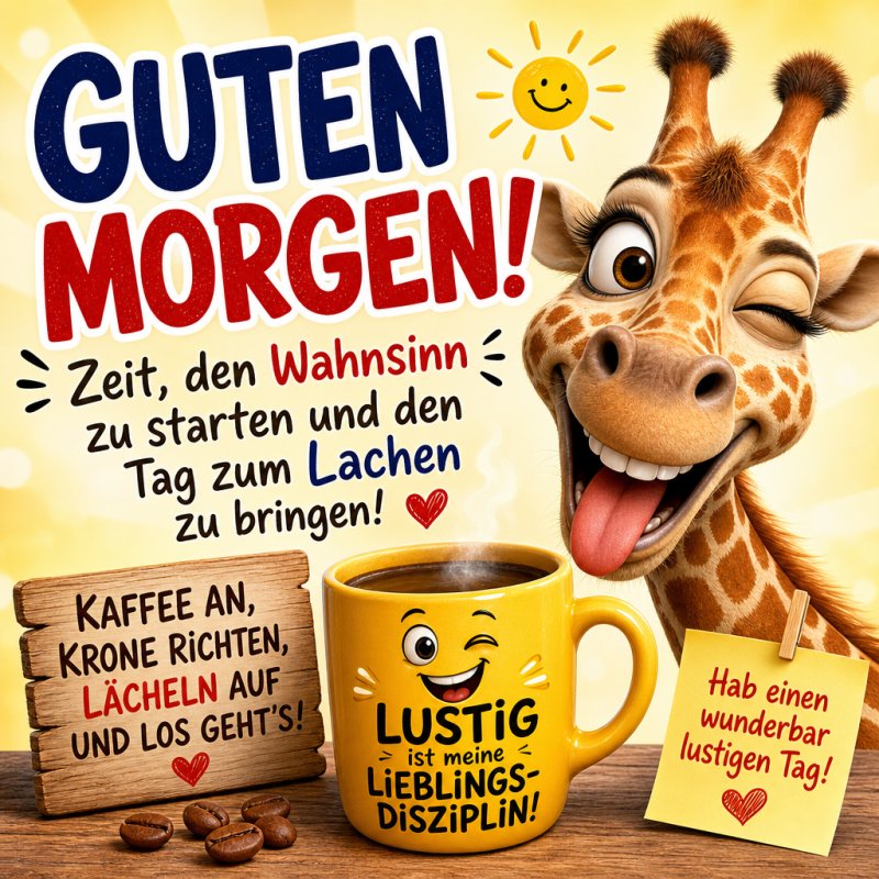 Eine fröhliche Giraffe zwinkert neben einer lustigen Kaffeetasse mit dem Spruch 'Lustig ist meine Lieblingsdisziplin' als Guten-Morgen-Gruß.