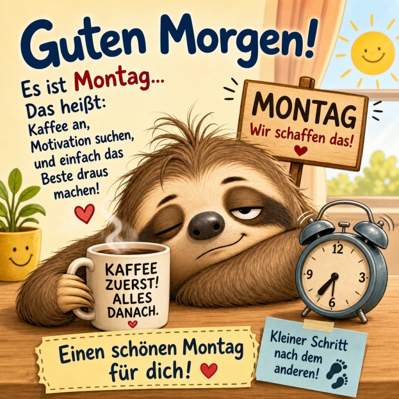 Ein verschlafenes Faultier mit Kaffee und Wecker vermittelt einen entspannten Guten-Morgen-Gruß für Montag in humorvoller Zeichnung mit motivierendem Text.