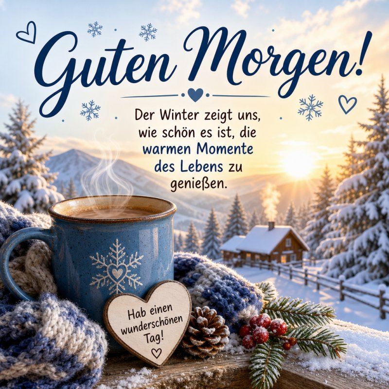 Eine verschneite Winterlandschaft mit Hütte und Tannen im Morgenlicht, dazu eine dampfende Tasse Kakao und ein Herz mit der Aufschrift 'Hab einen wunderschönen Tag' als Guten-Morgen-Gruß.