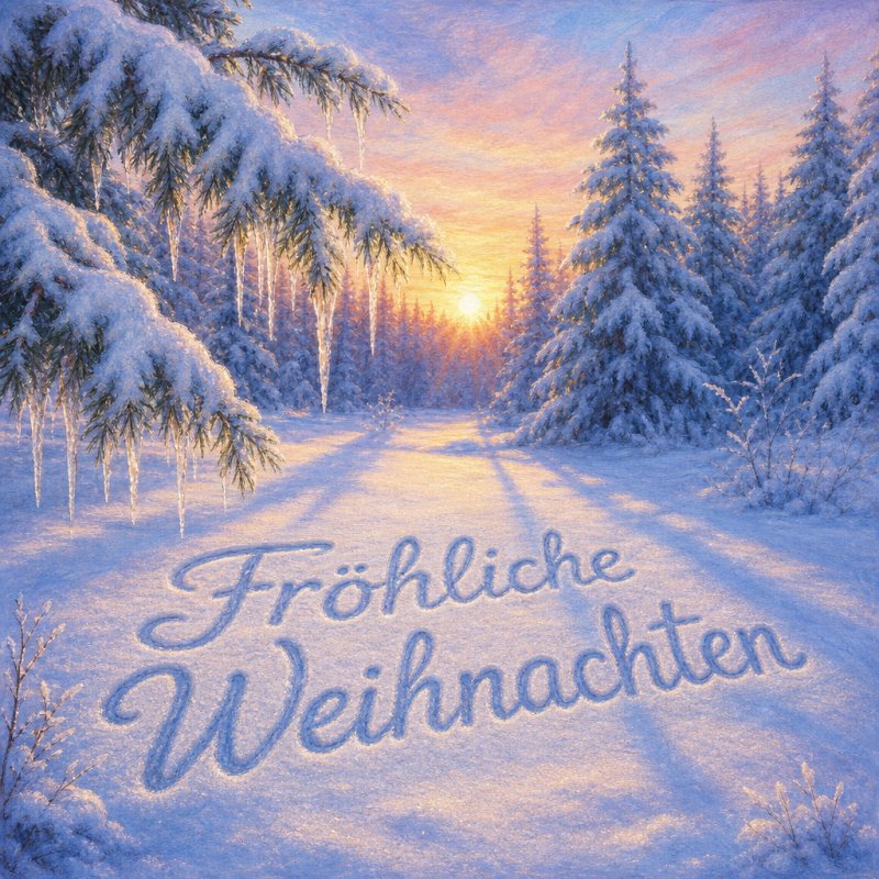 Guten-Morgen-Gruß als zartes Pastellbild: Ein verschneiter Winterwald im morgendlichen Dämmerlicht mit dezentem Gruß auf der unberührten Schneefläche.