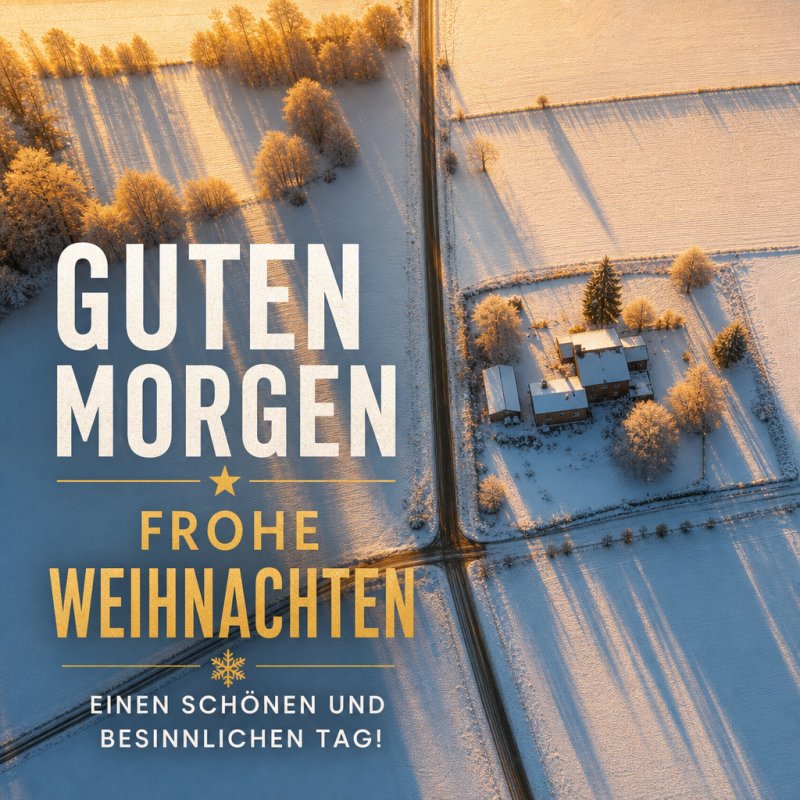 Ein Guten-Morgen-Gruß zeigt ein verschneites Dorf aus der Vogelperspektive mit einem einsamen Haus in winterlicher Landschaft und goldener Morgensonne.