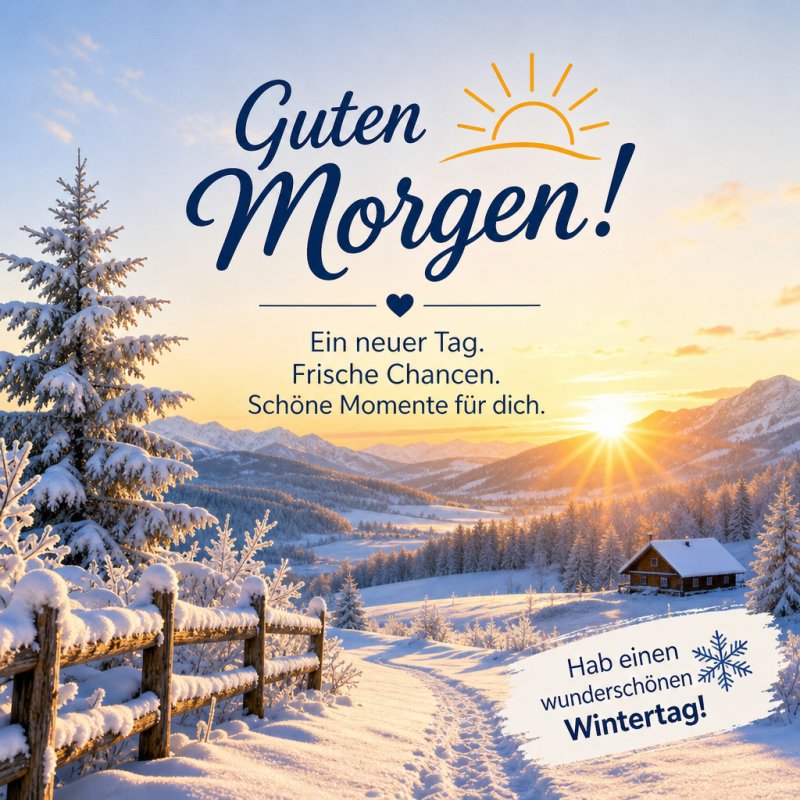 Ein verschneiter Weg führt durch schneebedeckte Tannen im Morgenlicht, während im Hintergrund Berge bei Sonnenaufgang erstrahlen, begleitet von einem Guten-Morgen-Gruß.