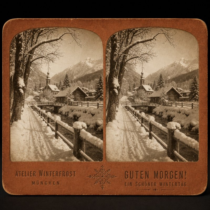 Ein sepiafarbenes Bild zeigt ein verschneites Dorf mit Bergen im Hintergrund und einem Holzweg, passend für einen Guten-Morgen-Gruß im Winter.