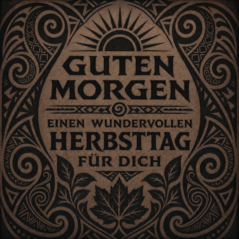 Ein detailreiches, verschnörkeltes Design mit Blättern und einem Sonnenmotiv umrahmt den Guten-Morgen-Gruß in herbstlichen Brauntönen.