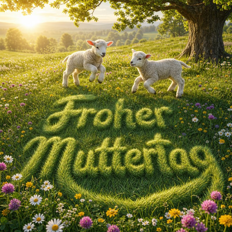 Guten-Morgen-Gruß im 3D-Render: Zwei spielende Lämmer im morgendlichen Licht auf einer Blumenwiese, mit einem natürlichen Gruß im Gras.