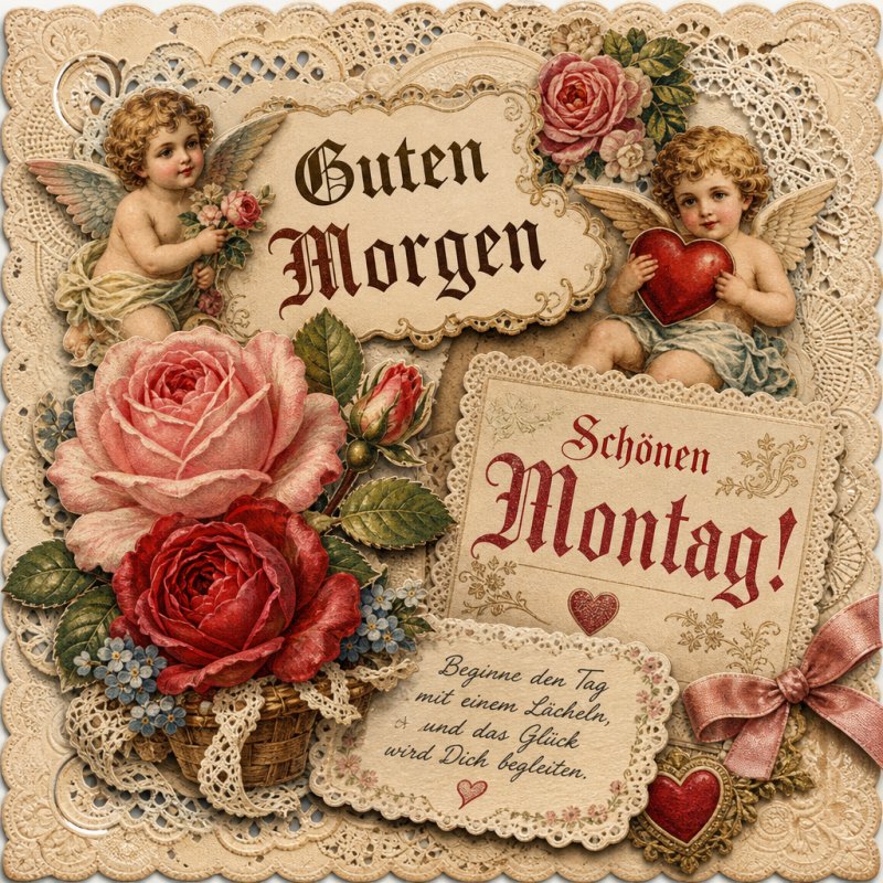 Ein romantischer Guten-Morgen-Gruß mit zwei Engeln, roten Rosen, einem Herz und verschnörkeltem Schriftzug ‚Schönen Montag‘ auf einem nostalgischen Hintergrund.