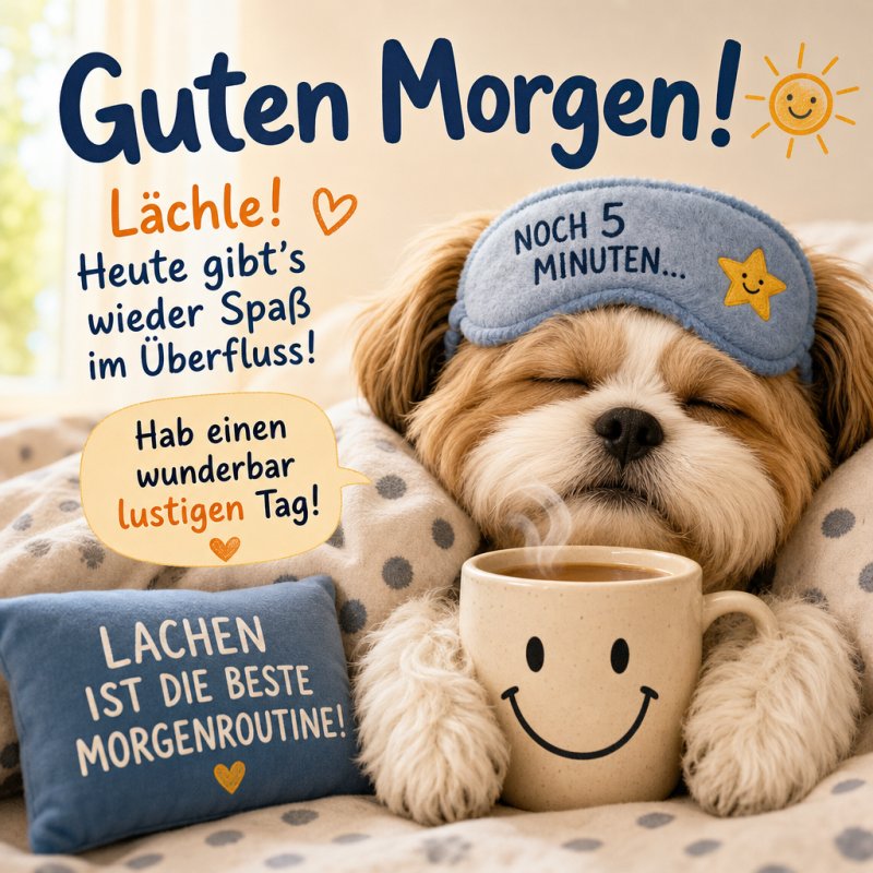 Ein kleiner Hund mit Schlafmaske und Kaffeetasse vermittelt einen fröhlichen Guten-Morgen-Gruß mit lustigen Sprüchen und farbenfrohem Design.