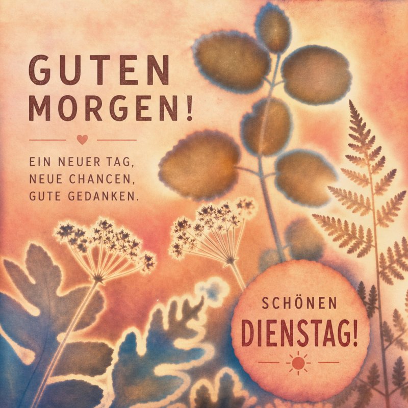 Ein verträumtes Bild mit abstrakten Blättern und Blumen fasst den Guten-Morgen-Gruß warm ein und wünscht einen schönen Dienstag.
