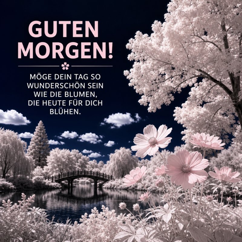 Ein romantischer Garten mit Brücke und Blumen in sanften Pastellfarben erzeugt eine ruhige Stimmung für einen Guten-Morgen-Gruß.