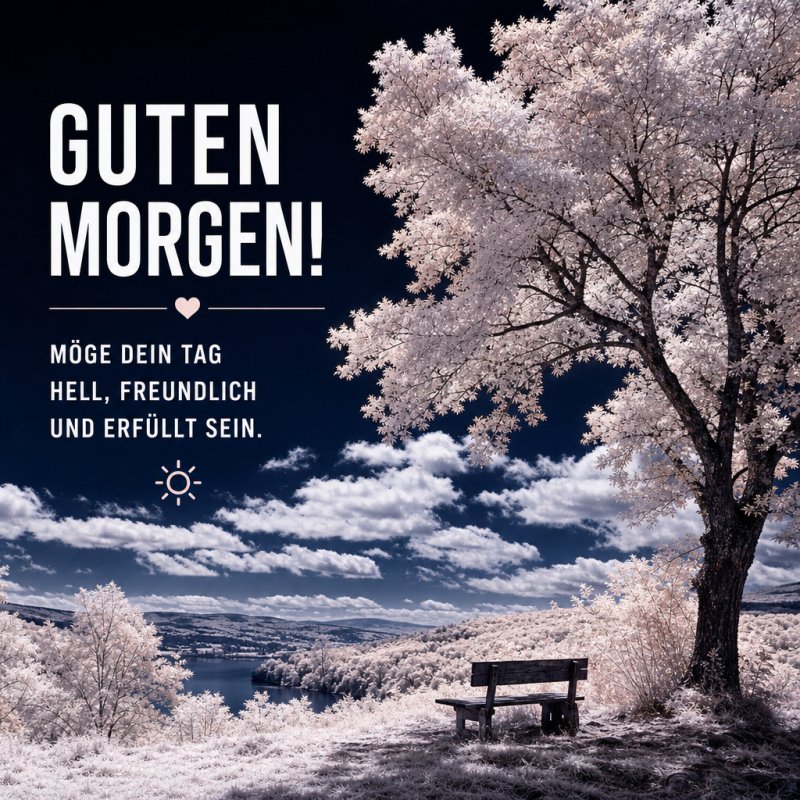 Ein malerischer Baum und eine Bank stehen unter einem tiefblauen Himmel in einer idyllischen Landschaft, ideal für einen Guten-Morgen-Gruß.