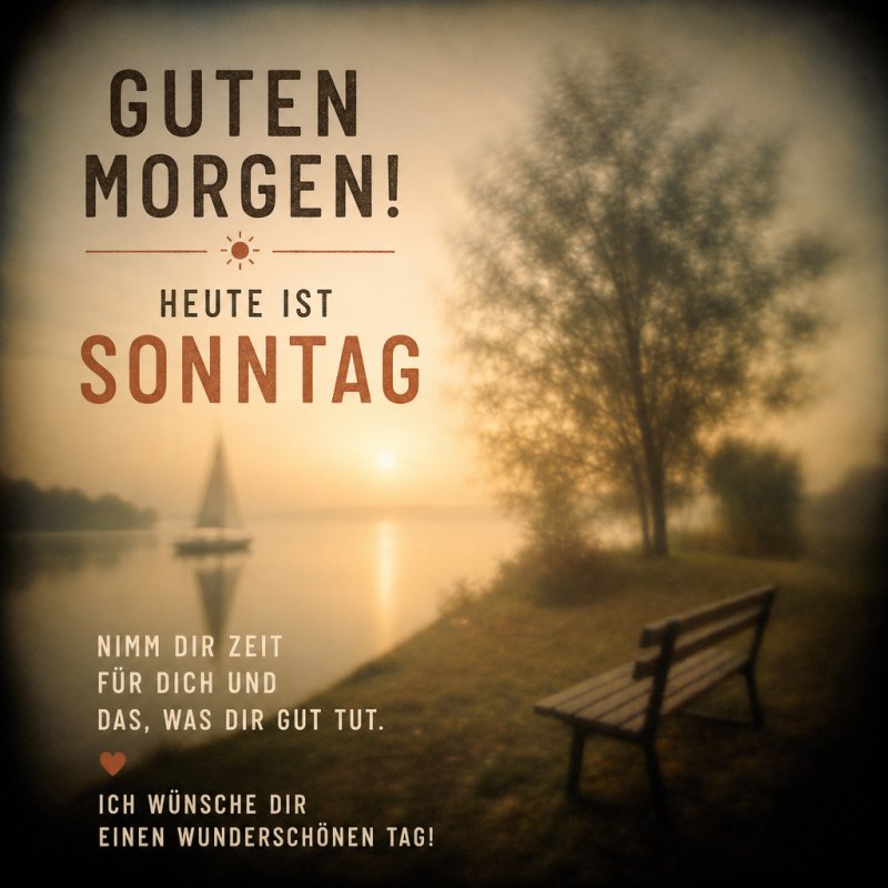 Ein stimmungsvoller Guten-Morgen-Gruß zeigt einen nebeligen See im Morgenlicht mit einem Segelboot und einer Parkbank im Vordergrund.