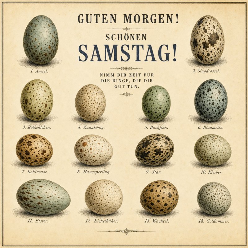 Ein liebevoll gestalteter Guten-Morgen-Gruß zeigt verschiedene Vogeleier mit Beschriftungen auf einem hellen Hintergrund, begleitet von einem herzlichen Samstag-Wunsch.