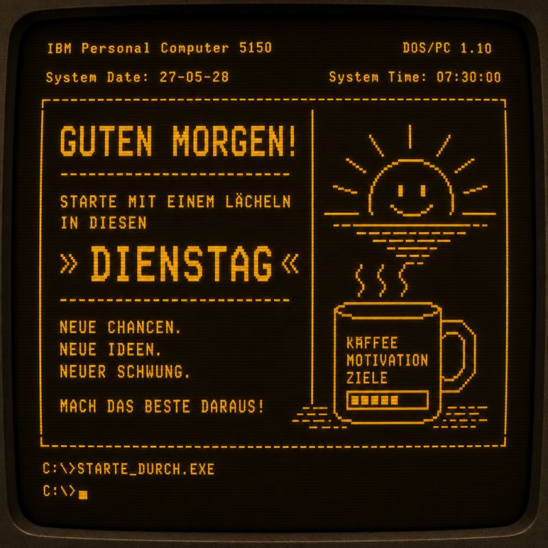 Ein Retro-Computermonitor begrüßt mit einem lächelnden Sonnenmotiv und einem Kaffee für den Dienstag als Teil eines digitalen Guten-Morgen-Grußes.