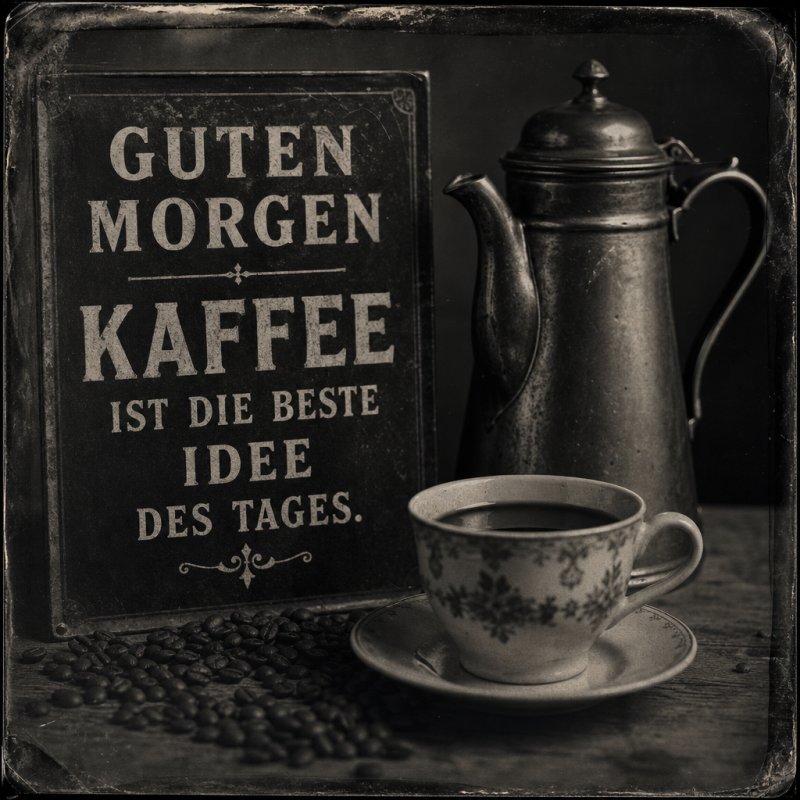 Ein nostalgischer Guten-Morgen-Gruß zeigt eine antike Kaffeekanne und Tasse, umgeben von Kaffeebohnen vor einem rustikalen Schild.