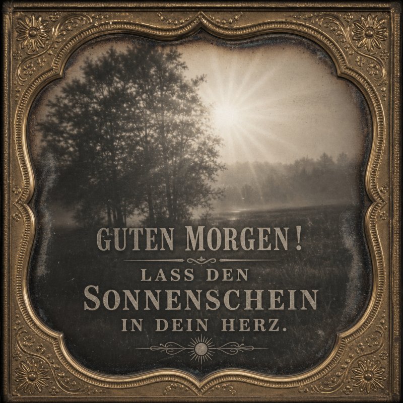 Ein nostalgischer Guten-Morgen-Gruß zeigt einen sonnendurchfluteten Wald mit einem funkelnden Rahmen und einem inspirierenden Zitat.