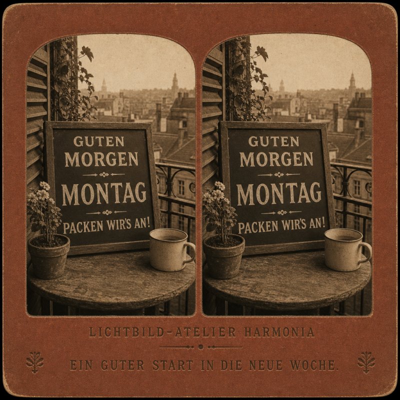 Eine sepiafarbene Fotografie zeigt ein Schild mit 'Guten Morgen Montag' auf einem Balkon mit Kaffeetasse und Stadtblick, ein stimmungsvoller Guten-Morgen-Gruß.