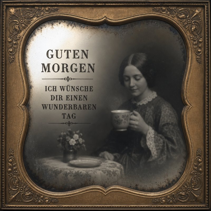 Ein nostalgischer Guten-Morgen-Gruß zeigt eine Frau in einem antiken Rahmen, die mit einer Tasse Tee an einem Tisch sitzt und ein Blumenarrangement genießt.