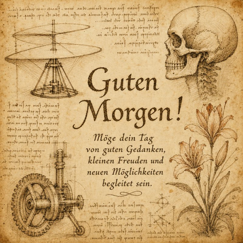 Eine sepiafarbene Illustration mit einem Schädel, Lilien und mechanischen Skizzen, begleitet von einem Guten-Morgen-Gruß mit einem inspirierenden Wunsch.