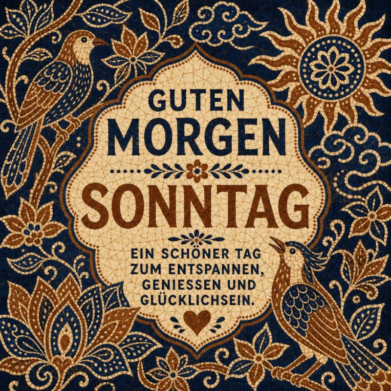 Ein ornates Vogel- und Blumenmuster umrahmt eine Guten-Morgen-Gruß-Botschaft für Sonntag in warmen Brauntönen auf dunklem Hintergrund.