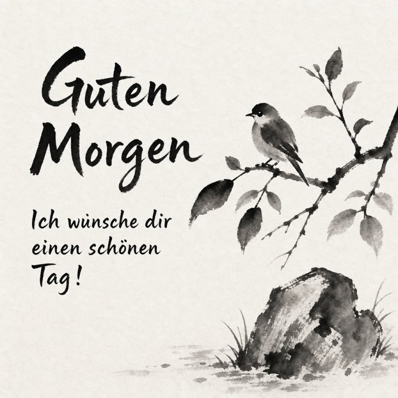 Ein Vogel sitzt auf einem Zweig mit Blättern neben einem Felsen in einem Aquarell-Stil, begleitet von einem Guten-Morgen-Gruß.