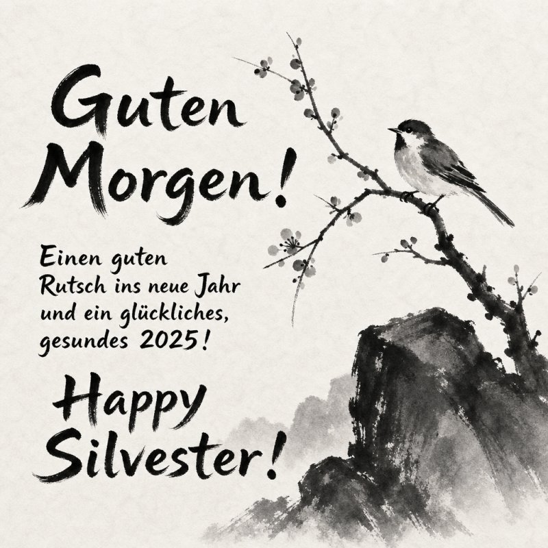 Ein kleiner Vogel sitzt auf einem blühenden Kirschzweig im traditionellen japanischen Stil, kombiniert mit einem Guten Morgen Gruß zu Silvester.