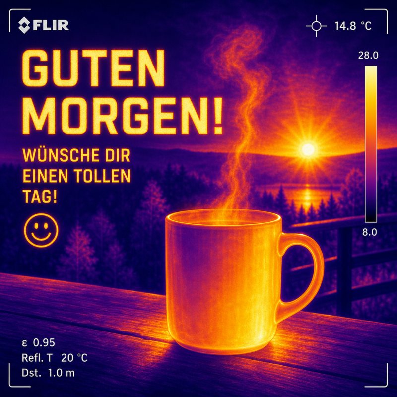 Ein Wärmebild zeigt eine dampfende Tasse Kaffee auf einem Tisch, umgeben von Natur mit Sonnenaufgang im Hintergrund, als Guten-Morgen-Gruß.