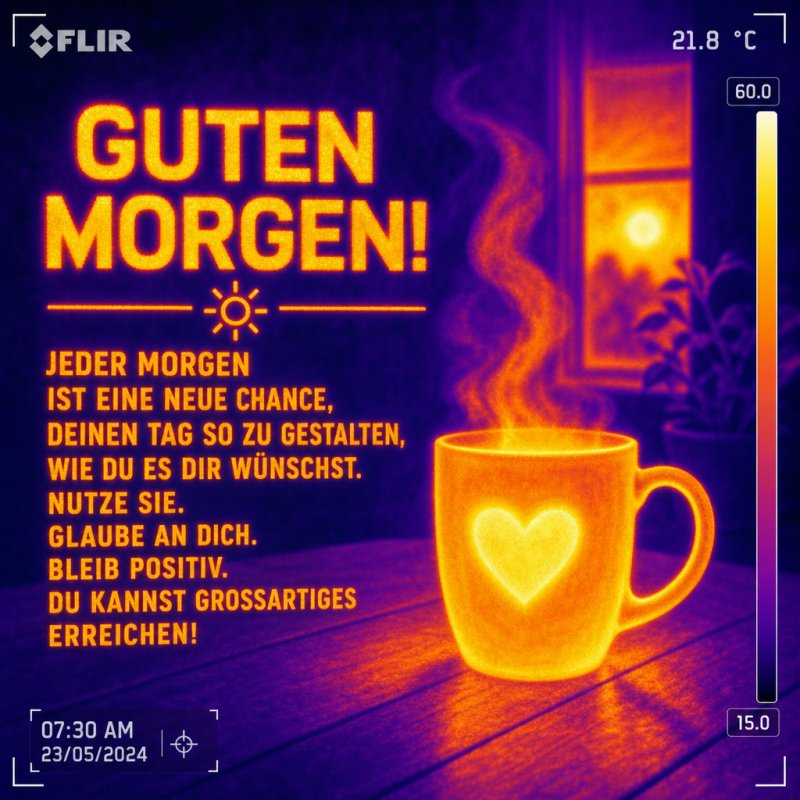 Ein Thermobild zeigt einen dampfenden Becher mit Herzmotiv, passend zu einem motivierenden Guten-Morgen-Gruß in warmer Farbgebung.