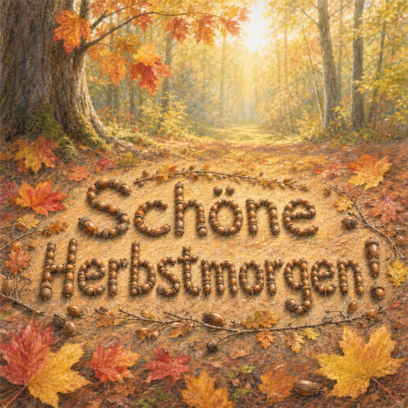 Ein "Guten Morgen" in sanften Pastelltönen: Ein ruhiger Waldplatz mit herbstlichen Blättern, auf dem der Morgen-Gruß aus Eicheln und Zweigen gelegt wird.