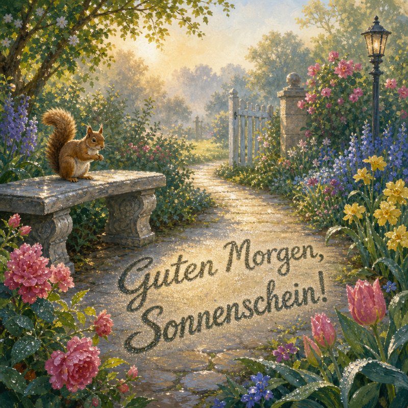 Bunte Gouache-Gartenlandschaft mit einem Eichhörnchen auf einer Bank, sanfter Morgennebel und "Guten-Morgen"-Gruß entlang des stimmungsvollen Pfades.