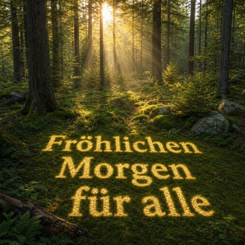 Photorealistische 3D-Darstellung eines Guten-Morgen-Grußes in einem grünen Wald, wo Sonnenstrahlen durch hohe Kiefern auf weiches Moos fallen und einen einladenden Tanz aus Licht erzeugen.