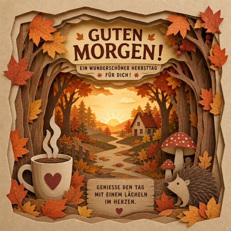 Ein stimmungsvoller Guten-Morgen-Gruß zeigt einen herbstlichen Waldweg mit buntem Laub, Pilzen und einem Igel, der zu einem gemütlichen Morgenkaffee einlädt.