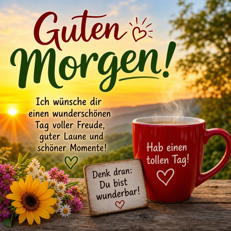 Ein roter Becher mit Dampf steht vor einem Sonnenaufgang, umgeben von Blumen und motivierenden Sprüchen für einen positiven Start in den Tag; ein herzlicher Guten-Morgen-Gruß.