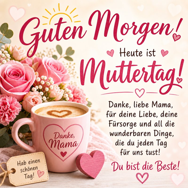 Ein Guten Morgen Gruß mit einem Cappuccino, Herzmotiven und pinken Rosen erinnert an die Liebe zum Muttertag.