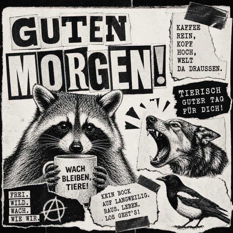 Ein Waschbär mit Kaffeetasse, ein brüllender Wolf und ein Vogel illustrieren diesen wilden Guten-Morgen-Gruß im Collage-Stil mit motivierenden Botschaften.