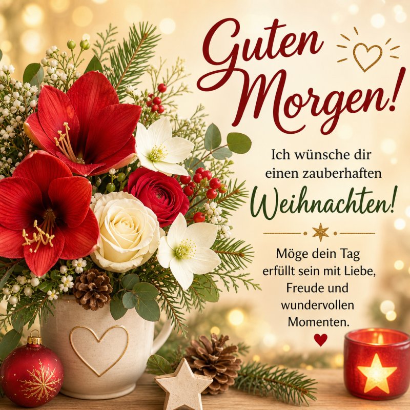 Schöner Guten-Morgen-Gruß mit festlichem Blumenarrangement aus roten Amaryllis und weißen Rosen, umgeben von Tannenzweigen und Kerzen.