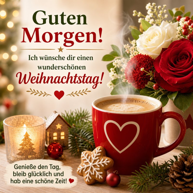 Ein roter Becher mit Herzmotiv steht neben weihnachtlichen Dekorationen und symbolisiert einen freundlichen Guten-Morgen-Gruß zur Weihnachtszeit.