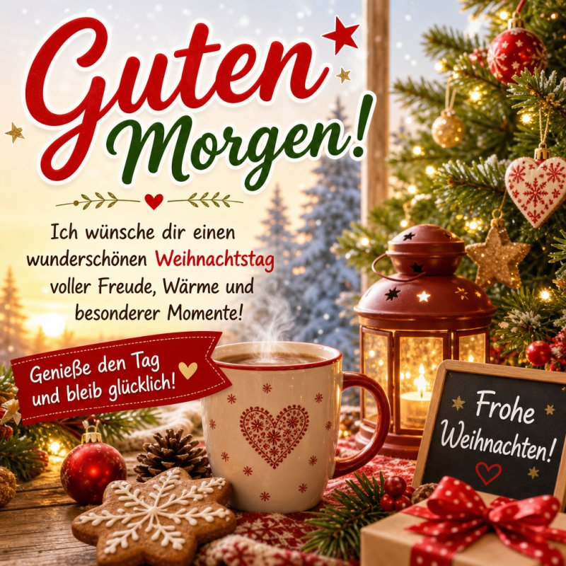 Ein festlich dekorierter Tisch mit Tasse, Laterne und Weihnachtsbaum verbreitet einen warmen Guten-Morgen-Gruß zu Weihnachten.