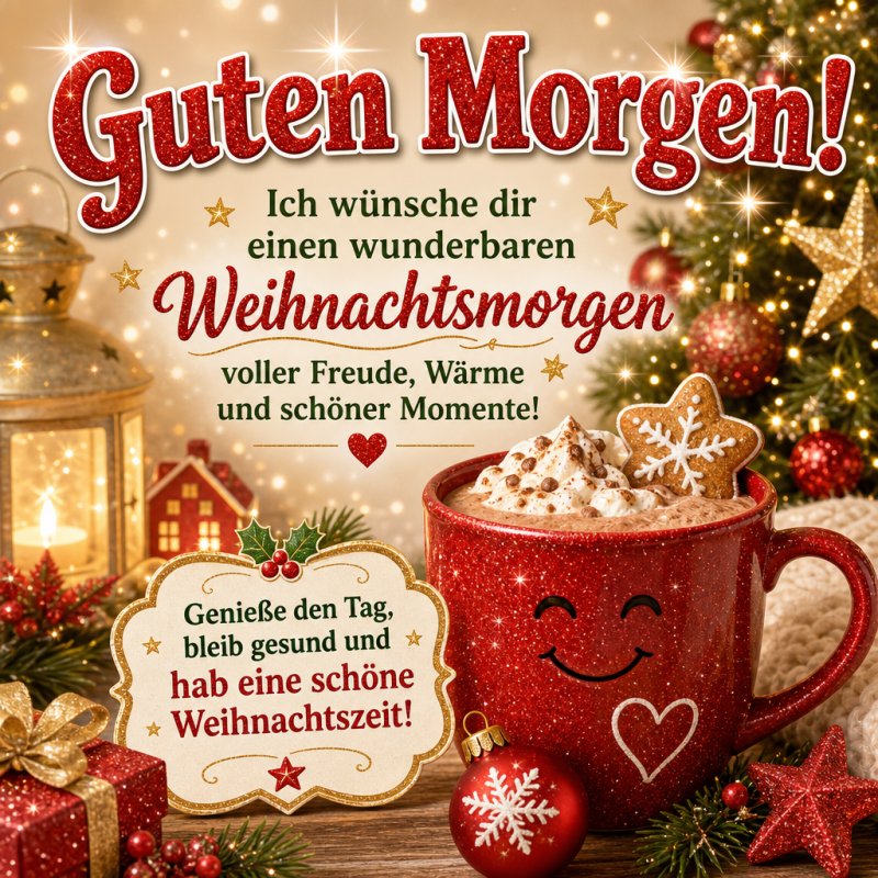 Ein warmes Weihnachtsmotiv mit einem lachenden roten Becher Kakao, Geschenken und Lichtern vermittelt einen gemütlichen Guten-Morgen-Gruß.