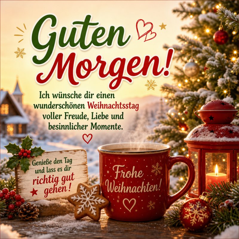 Ein weihnachtlicher Guten-Morgen-Gruß zeigt eine rote Tasse mit 'Frohe Weihnachten' vor einem beleuchteten Tannenbaum und einer winterlichen Berglandschaft.