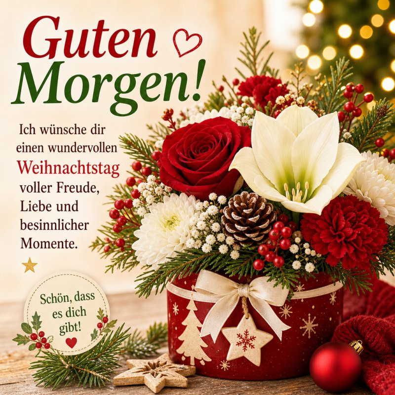 Ein festlicher Blumenstrauß mit Rosen, Tannenzapfen und Weihnachtsdekoration als Guten-Morgen-Gruß verziert ein rotes Gefäß.