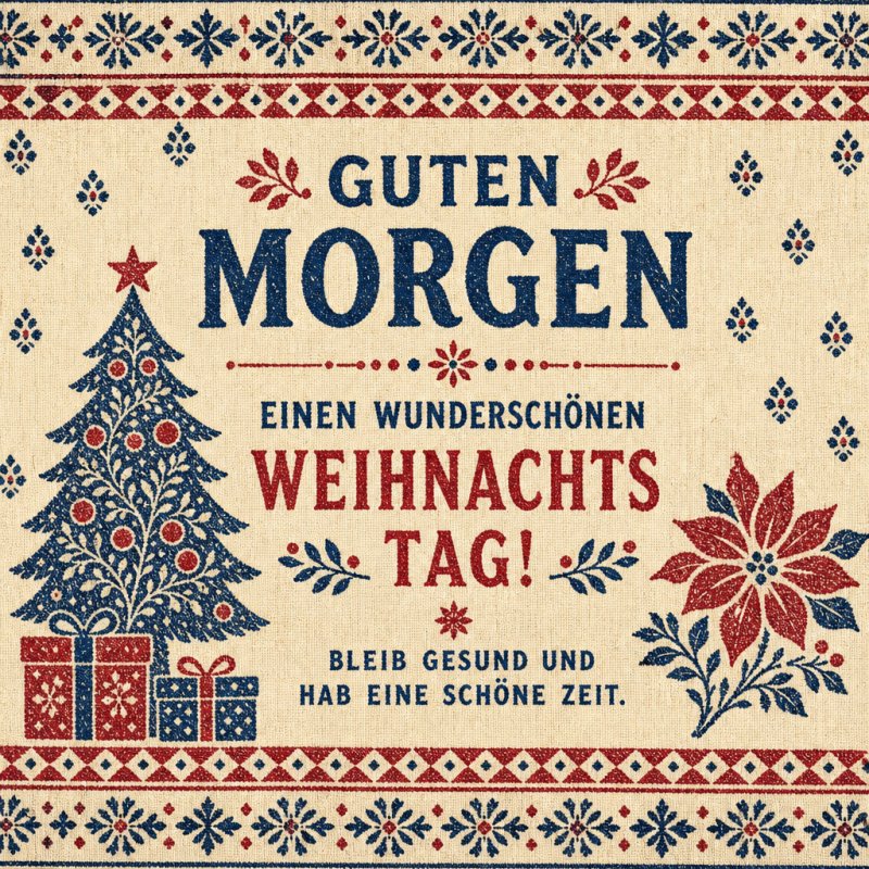 Ein stilisiertes Design auf Leinenhintergrund zeigt einen Tannenbaum, Geschenke und Weihnachtssterne mit dem Text 'Guten Morgen' als Weihnachtsgruß.
