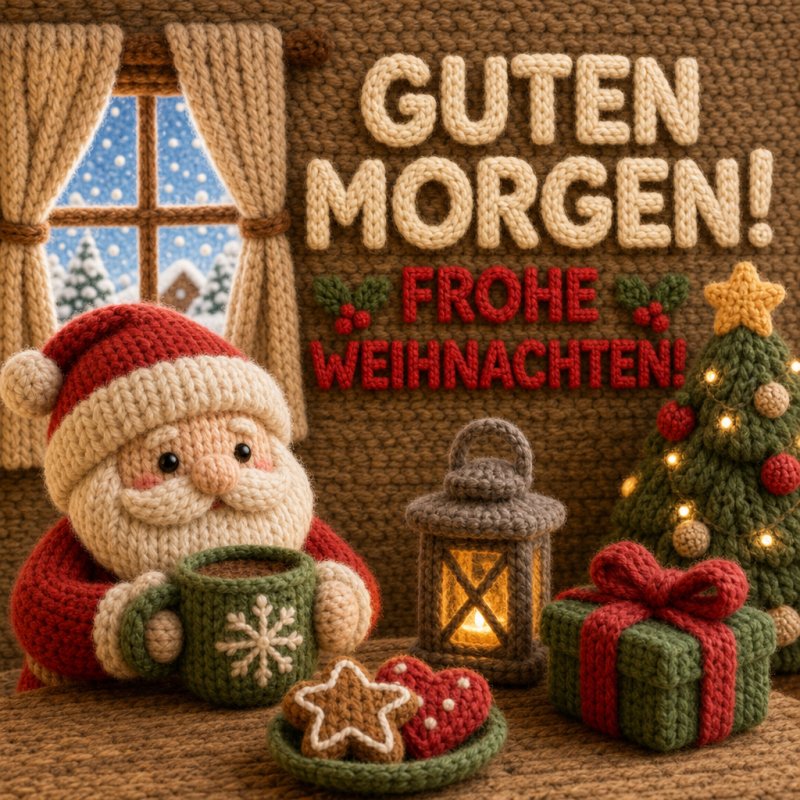 Ein gemütlicher Guten-Morgen-Gruß mit gestricktem Weihnachtsmann, Tanne und Geschenken vor einem Fenster mit verschneiter Landschaft.