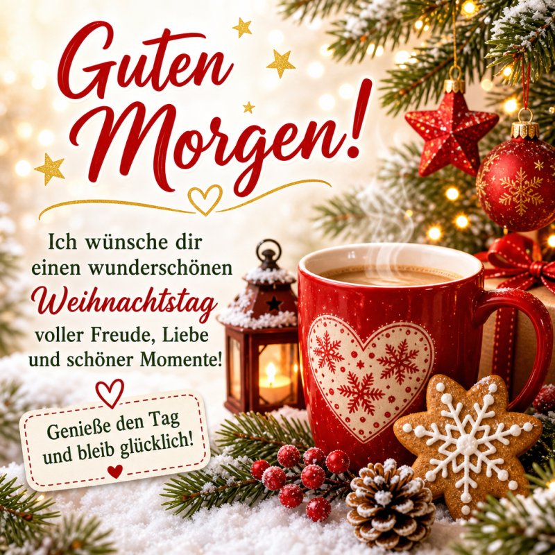 Ein weihnachtlicher Guten-Morgen-Gruß zeigt eine Tasse mit Herzmotiv umgeben von Keksen und Weihnachtsdekoration vor einem funkelnden Hintergrund.